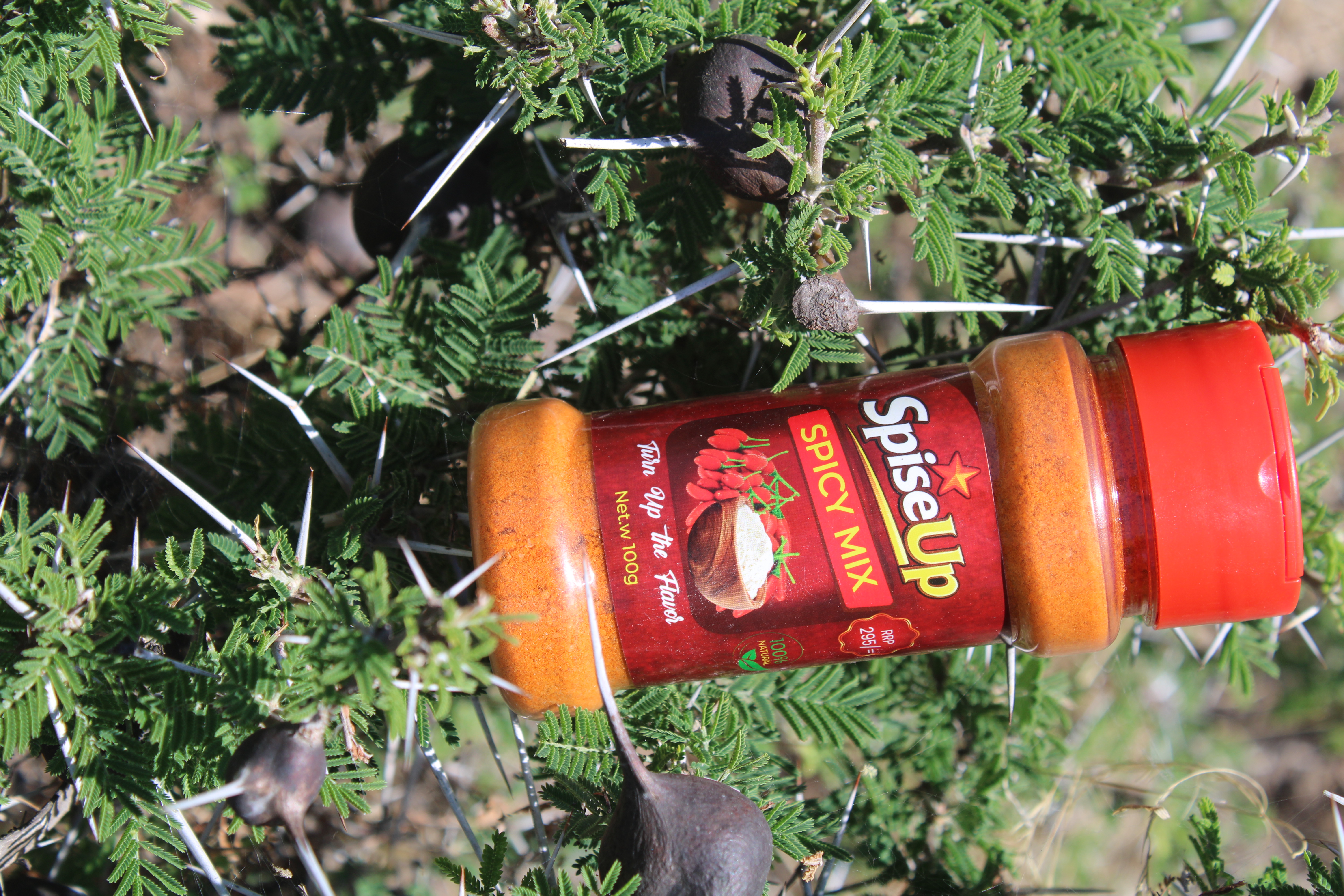 A hand holding a SpiseUp Spicy Mix bottle out on the streets of Kitengela
