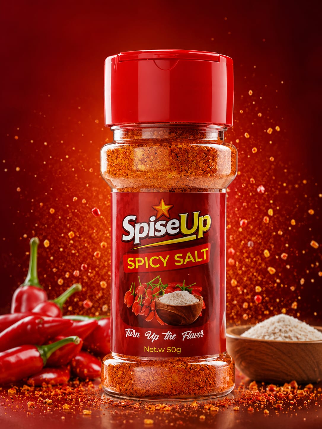 SpiseUp Spicy Mix bottle with fresh chili peppers