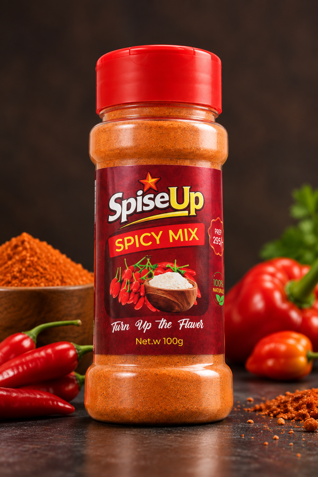 SpiseUp Spicy Mix bottle with fresh chili peppers